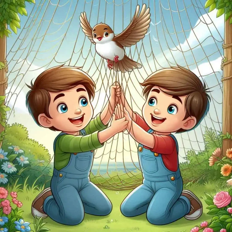 two boys helping a bird