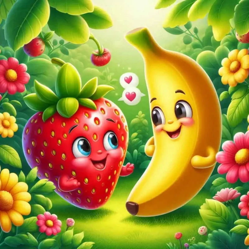  red strawberry and a cheerful yellow banana are chatting happily