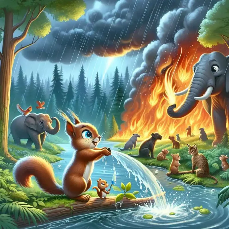 A-small-squirrel-in-a-dense-forest-is-trying-to-put-out-a-raging-fire-by-dipping-its-tail-in-a-river