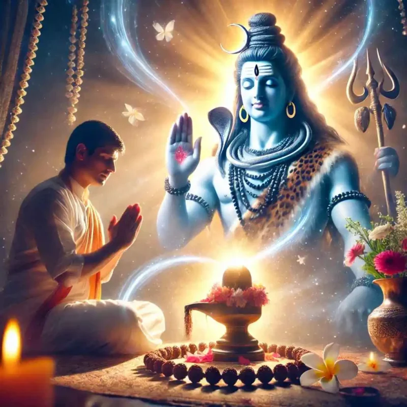 Lord Shiva blessing a devotee who is worshipping a sacred Shivling. 