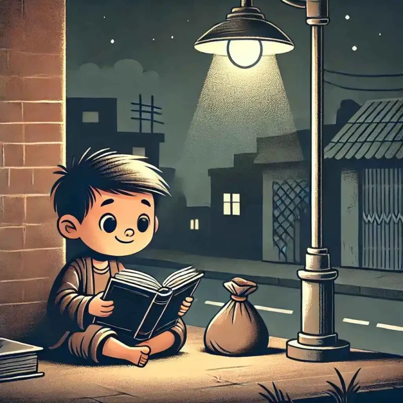 a-poor-boy-sitting-under-a-streetlight-at-night_-studying-from-an-old-book-with-determination