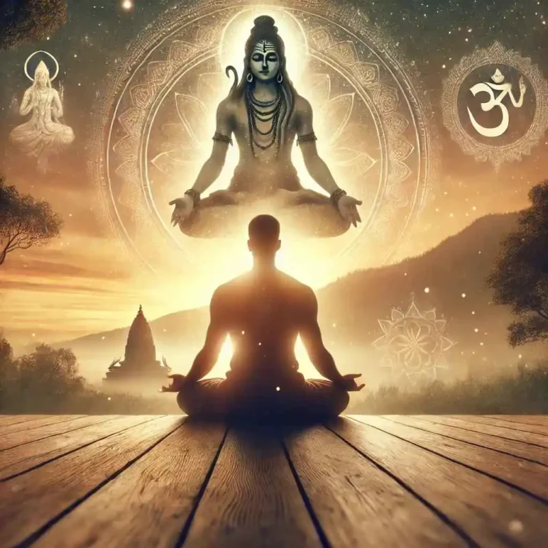 A peaceful meditation person sitting in a lotus position 
 Padmasana