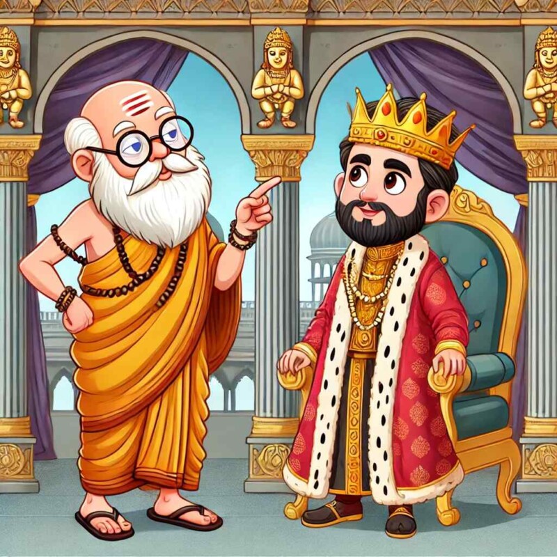 a wise sage and a proud king in an ancient royal court. The sage, dressed in traditional saffron robes, speaks wisely
